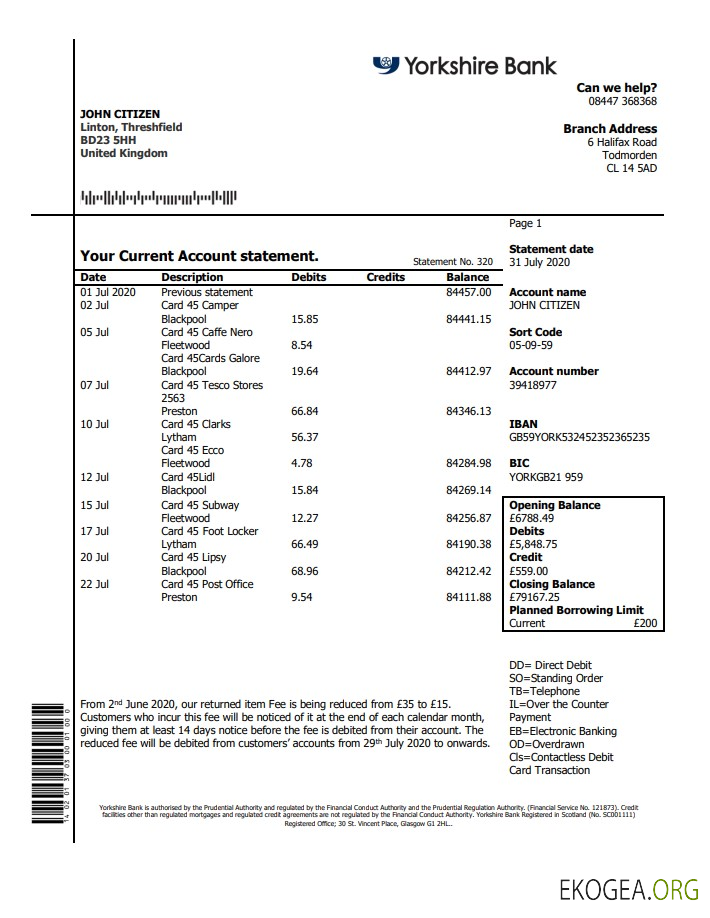 Modèle de relevé de la Yorkshire Bank du Royaume Uni au format Word et PDF, bon pour prouver l'adresse